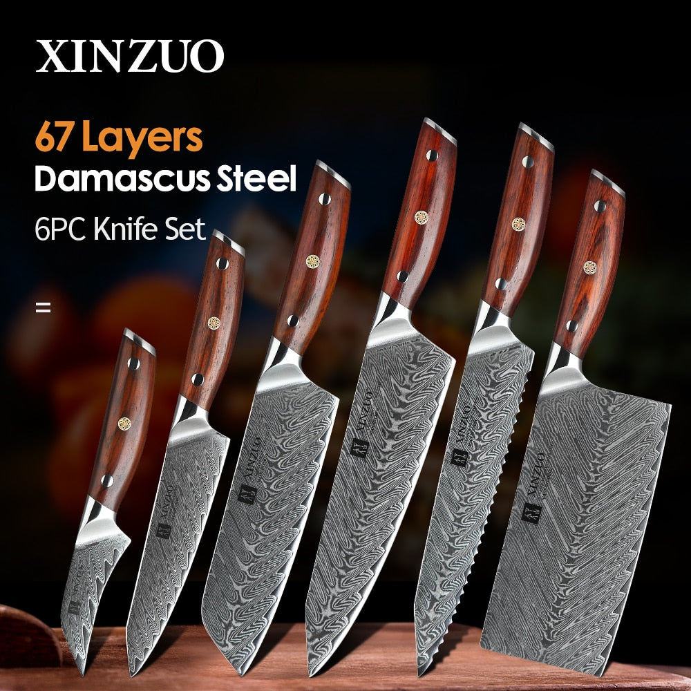 6Pcs Kitchen Knives Set Japanese Damascus Style Stainless Steel Chef Knife+Block